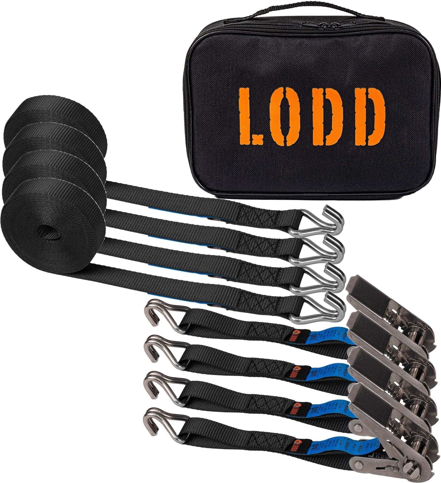 4 stainless steel ratchet straps, 6m x 25mm, resistance 800kg, double J hooks, set of 4 with carrying bag.